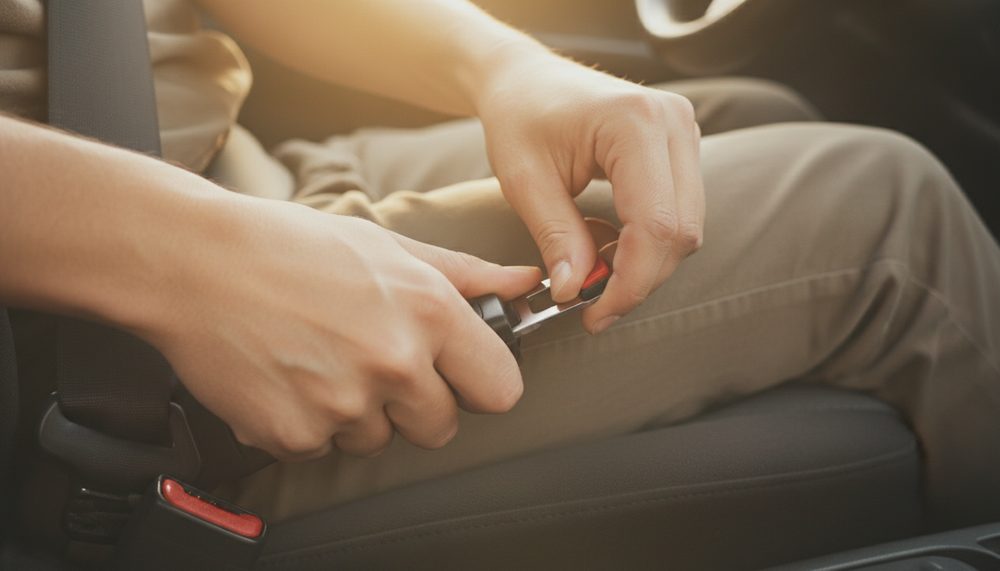 Hands clicking a seatbelt buckle home in the front seat of an ordinary car.