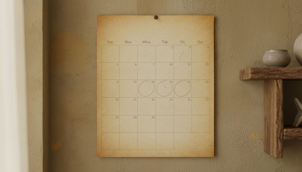 A plain paper wall calendar with several squares lightly circled in pencil.