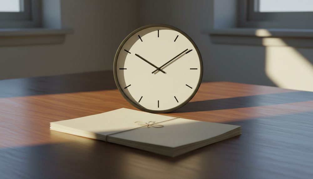 A plain wall clock above a neat squared stack of cream documents on a walnut desk.