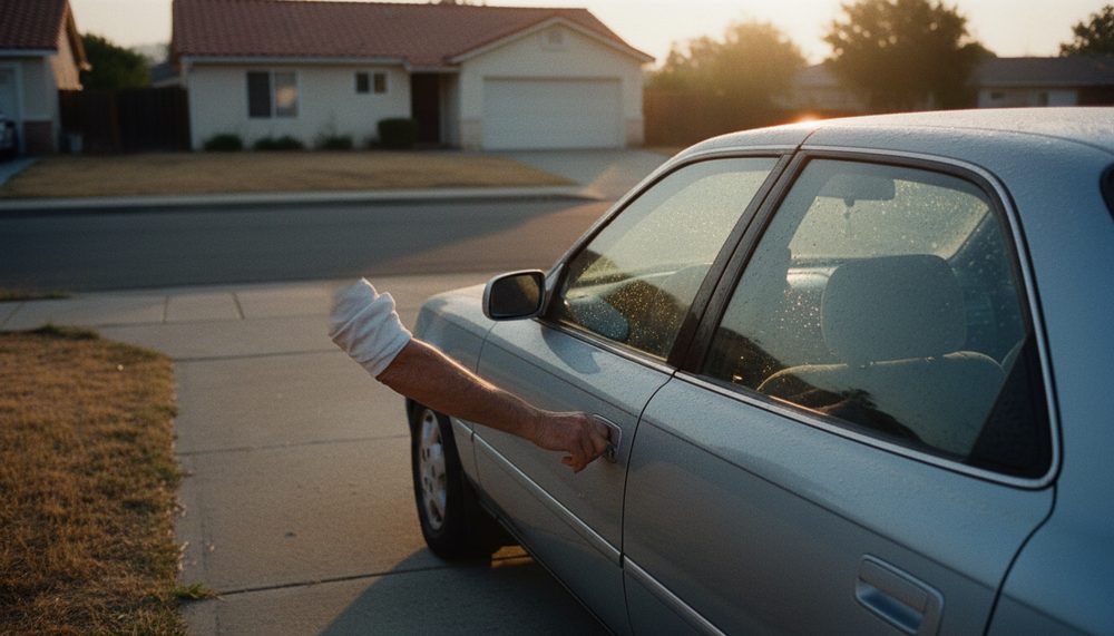 A hand reaching for the door handle of an ordinary sedan parked in a driveway at first light.