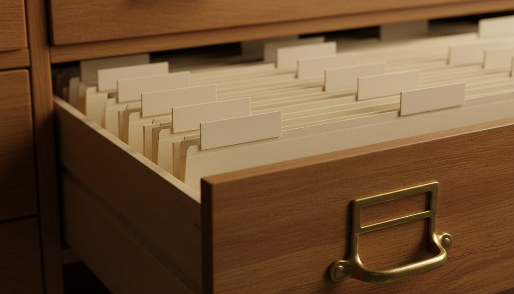 An open wooden filing drawer packed with cream folders and blank raised tabs.