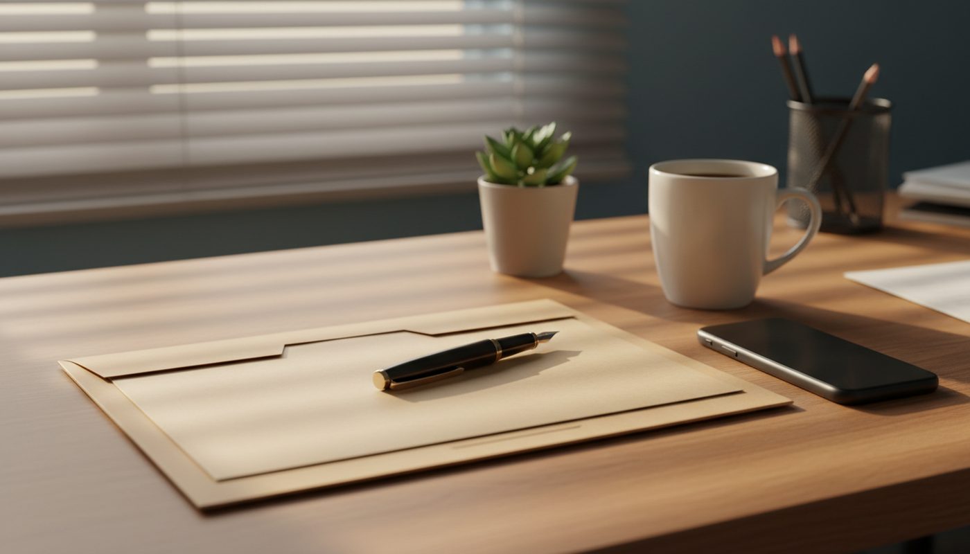 A tidy insurance agent's desk in morning light: a closed folder, a pen and a mug of coffee.