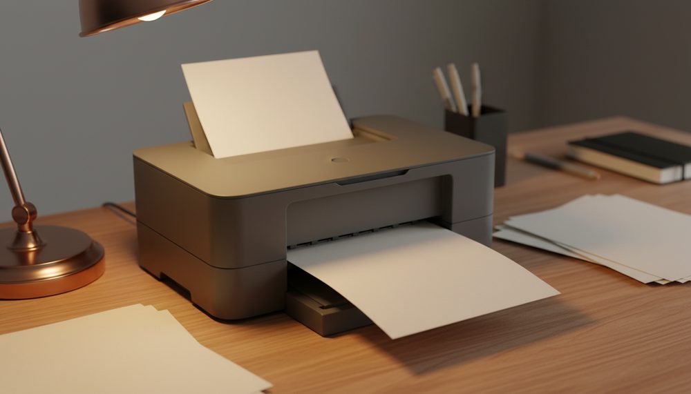 A single blank sheet of paper emerging from a small office printer on a wooden desk.