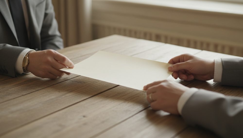 An agent sliding a single sheet of paper across a desk towards a client's waiting hands.