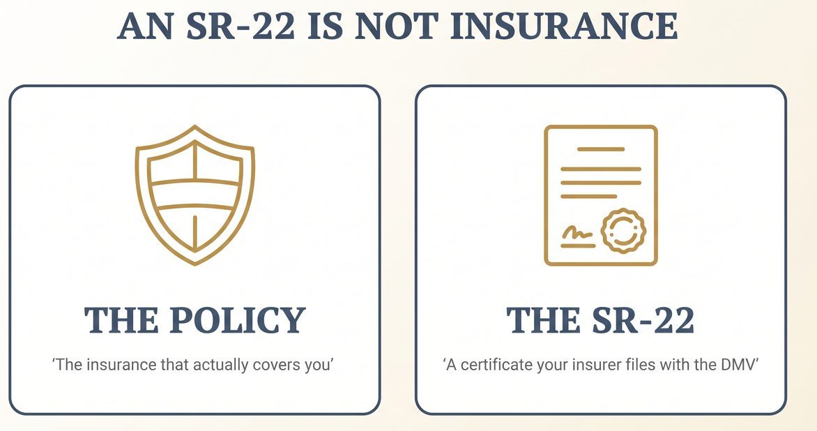 An SR-22 is not insurance: the policy is the cover, the SR-22 is the certificate your insurer files with the DMV.