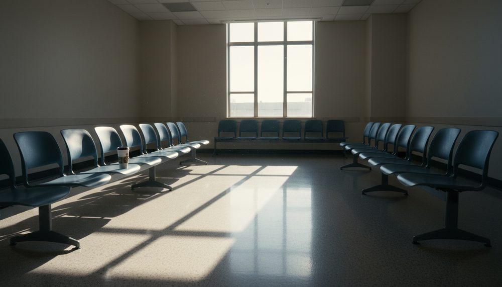 An empty government office waiting area early in the morning, chairs in a row by a tall window.