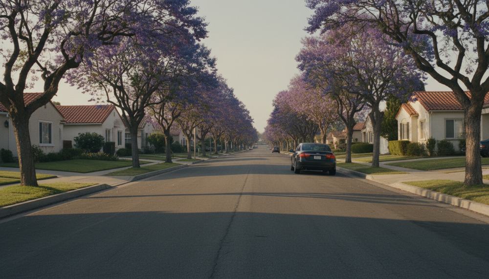 A quiet California residential street at first light with one car easing out of a driveway.
